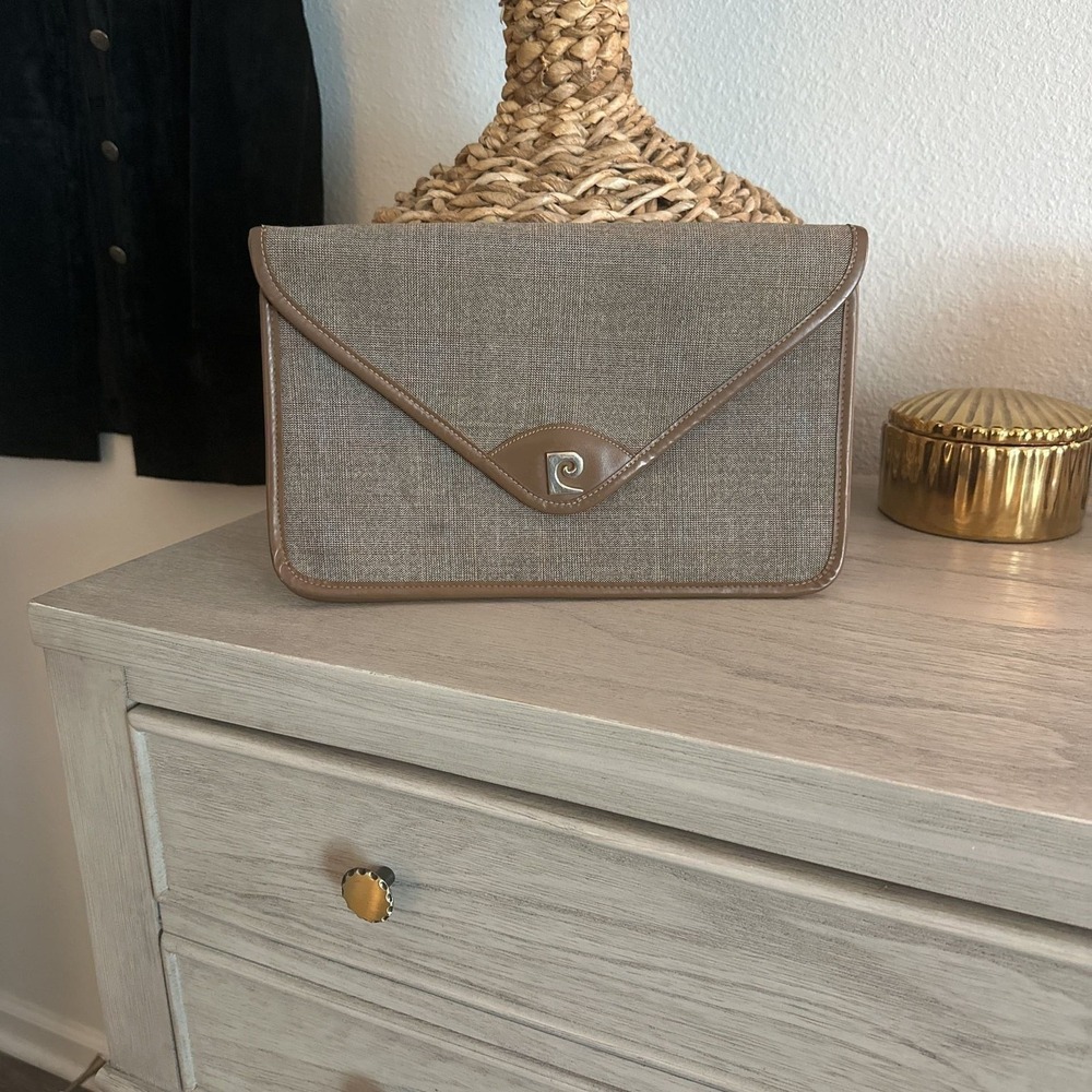 VTG Pierre Cardin Beige Plaid Print Canvas Clutch Wallet Handbag